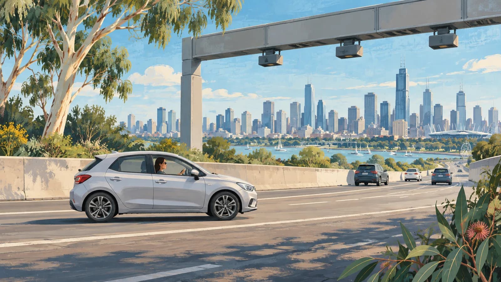 Conceptual Melbourne toll-road illustration showing a silver car approaching an electronic gantry with the city skyline beyond