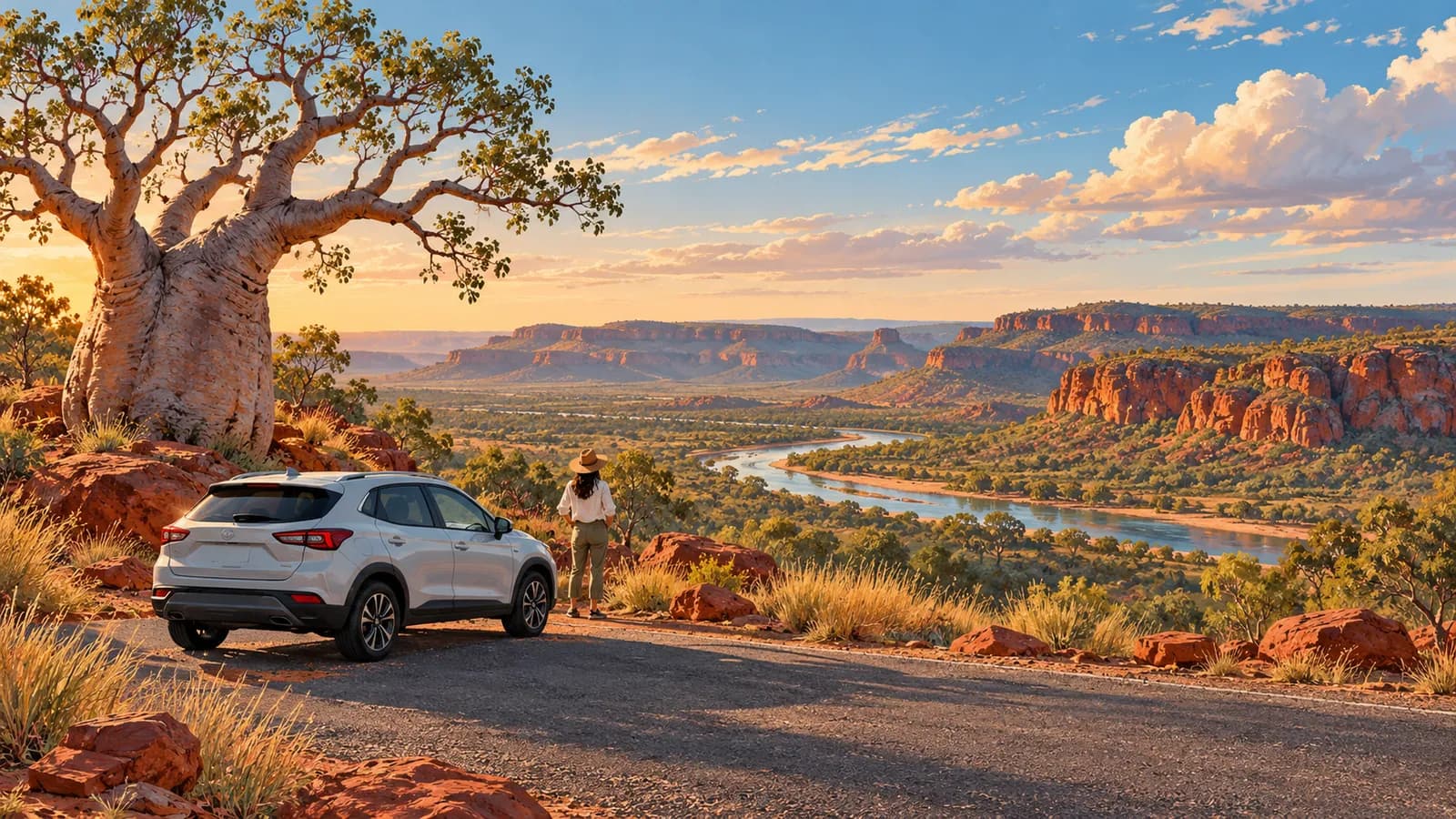 Broome to Kununurra drive illustration showing a parked car beneath a boab tree overlooking red Kimberley ranges and a river.