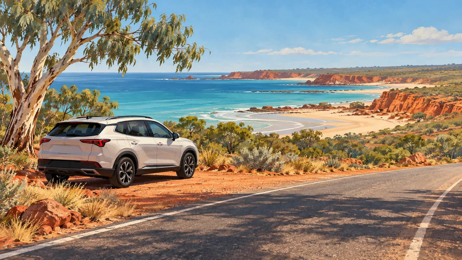 Broome to Cape Leveque Road illustration showing a car parked beside a sealed road, red coastal cliffs and turquoise water.