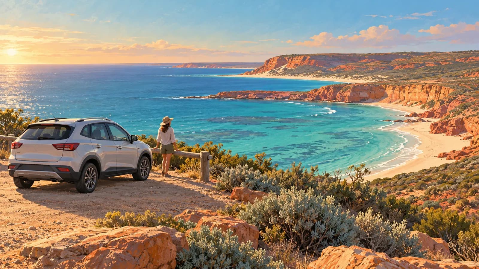 Coral Coast road trip illustration showing a parked car above a turquoise bay and red limestone headlands.
