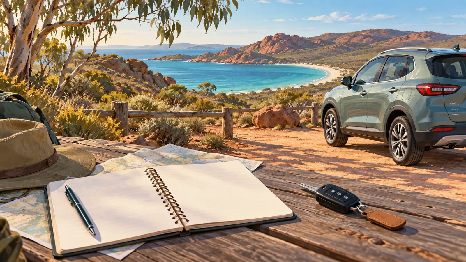 Driving in Western Australia illustration showing a blank planning notebook and car keys beside a parked car overlooking a coastal bay.