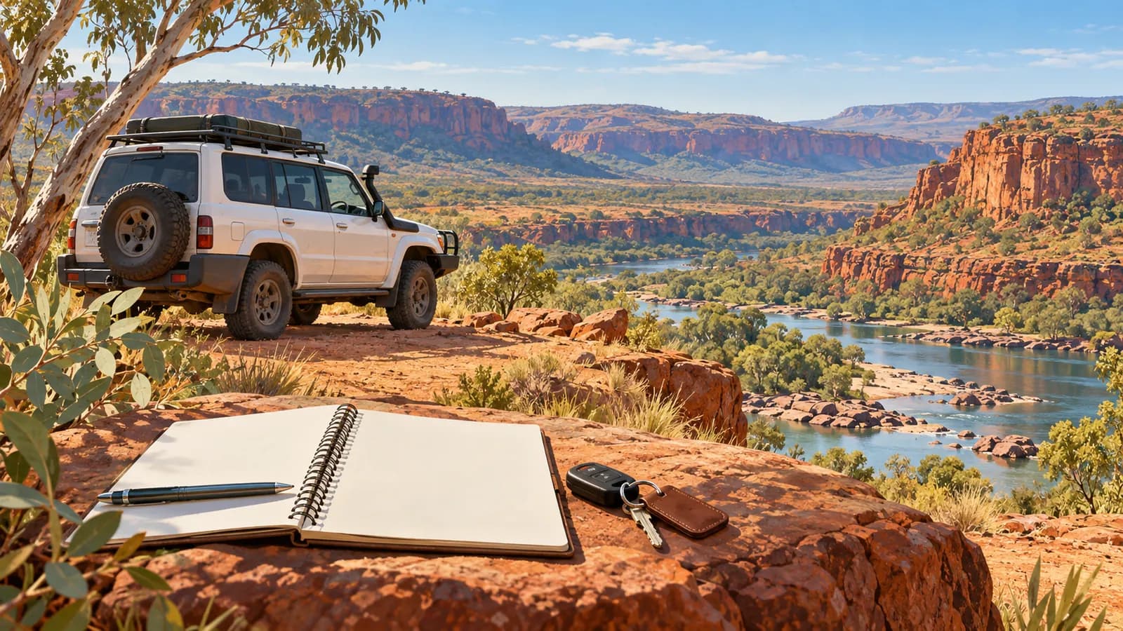 Gibb River Road hire car illustration showing a parked four-wheel-drive, blank planning notebook and keys above a red-rock river valley.