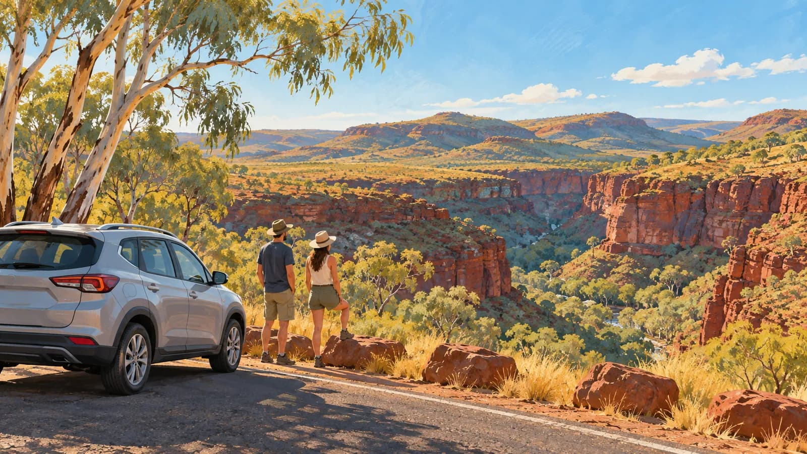 Can you visit Karijini in a 2WD illustration showing a parked conventional car beside a red-rock gorge and dry scrubland.