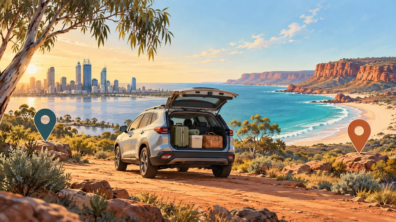 One-way car hire from Perth illustration showing a luggage-filled car between two location pins, a city skyline and red coastal cliffs.