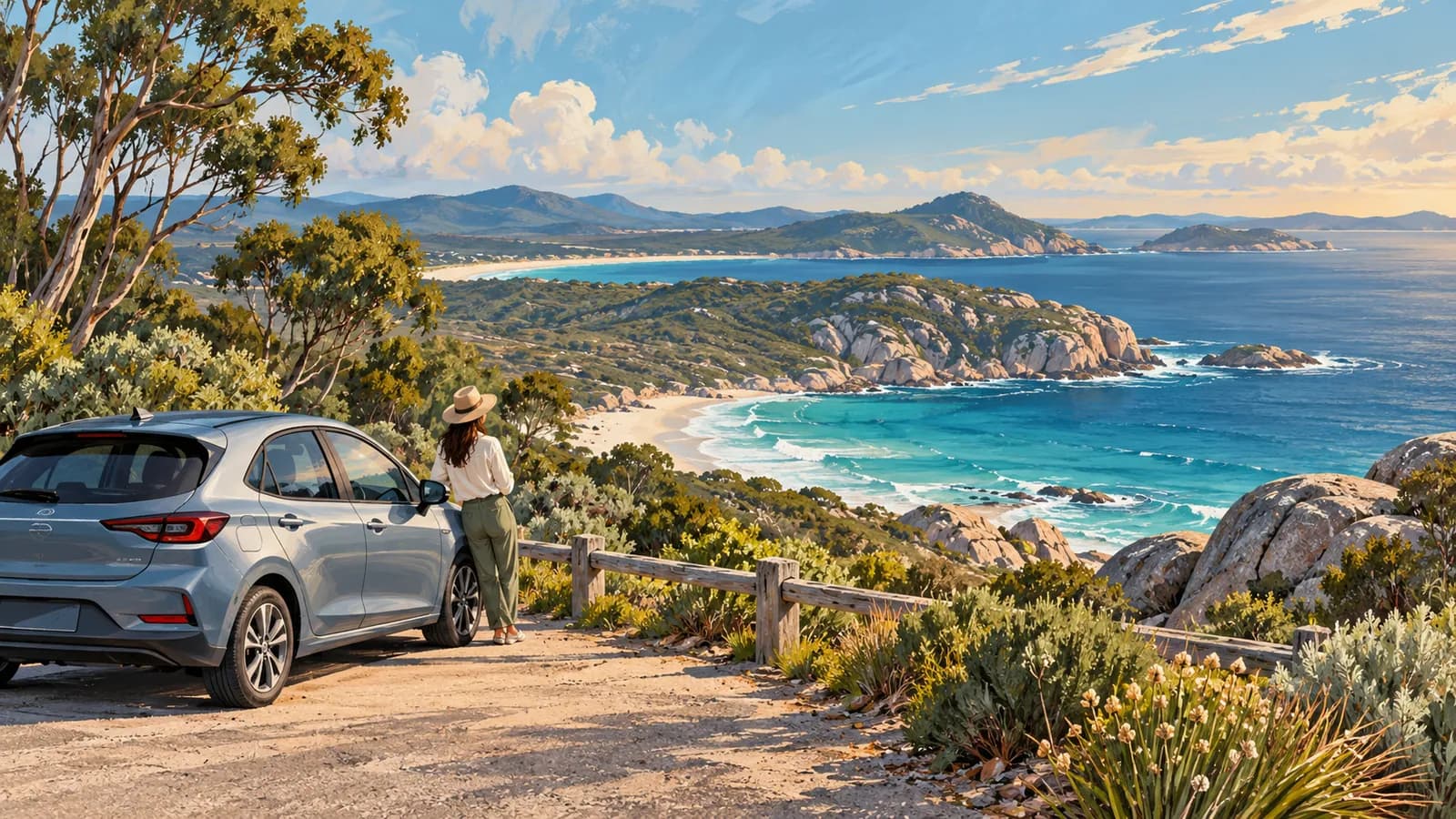 Perth to Albany drive illustration showing a parked car and traveller overlooking granite headlands and a turquoise coastal bay.