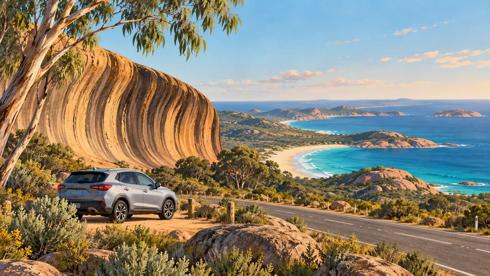 Perth to Esperance drive illustration showing a parked car beside a sculpted rock formation above a turquoise coast.