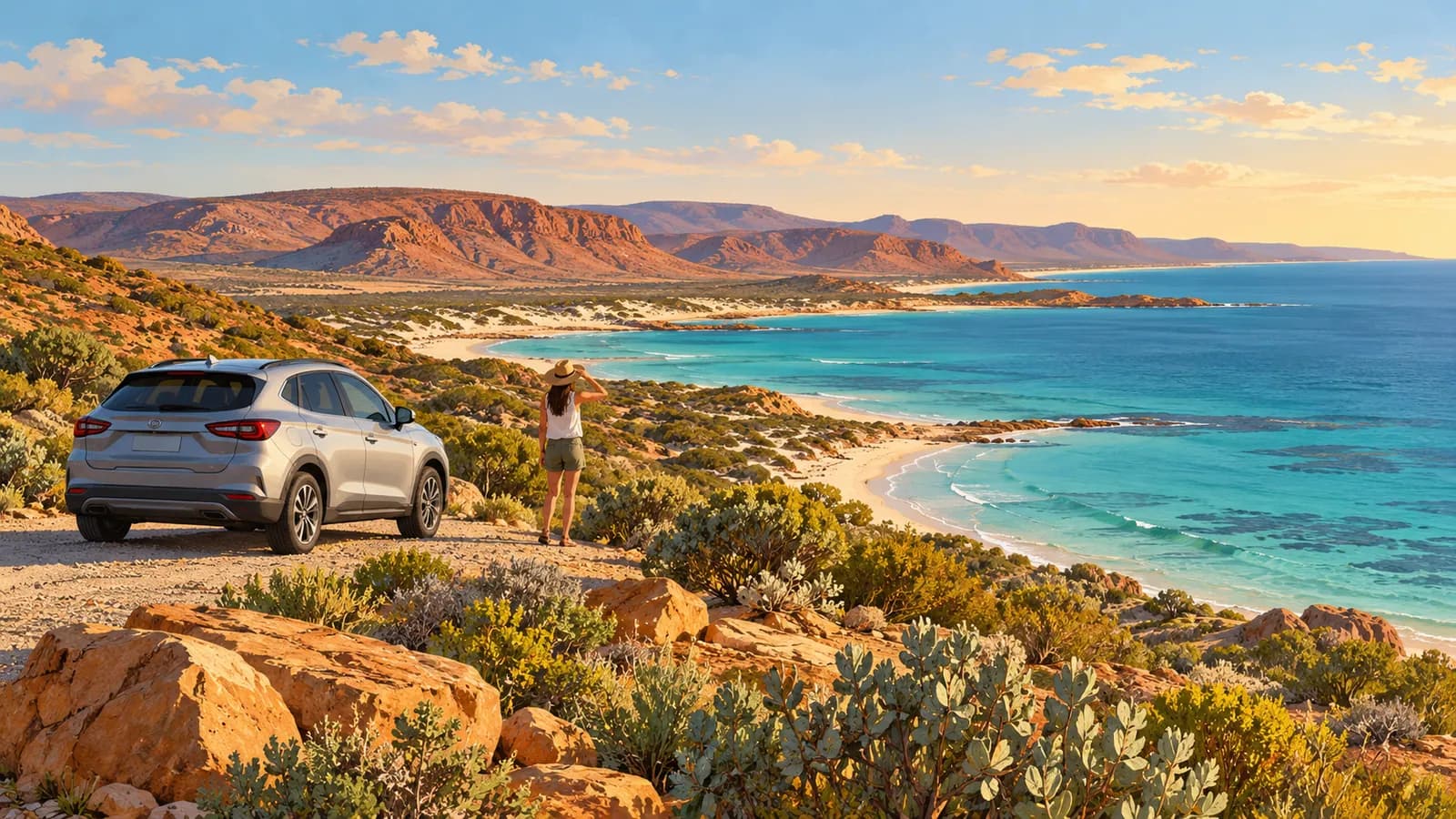 Perth to Exmouth drive illustration showing a parked car and traveller above turquoise water, sandy bays and red coastal hills.