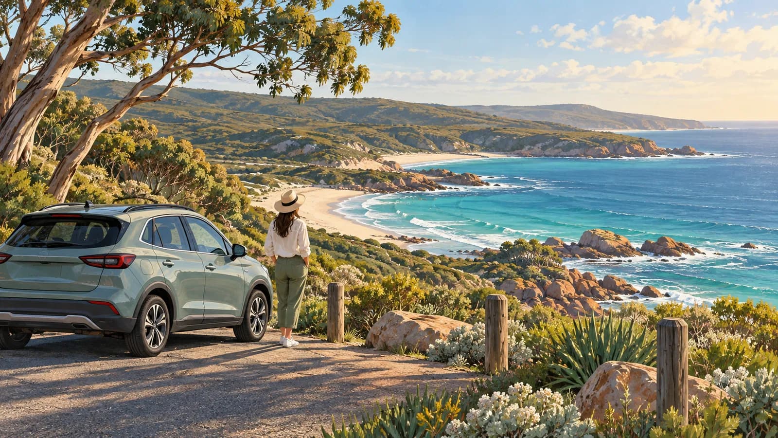 Perth to Margaret River drive illustration showing a traveller beside a parked car overlooking a rugged coastal bay.