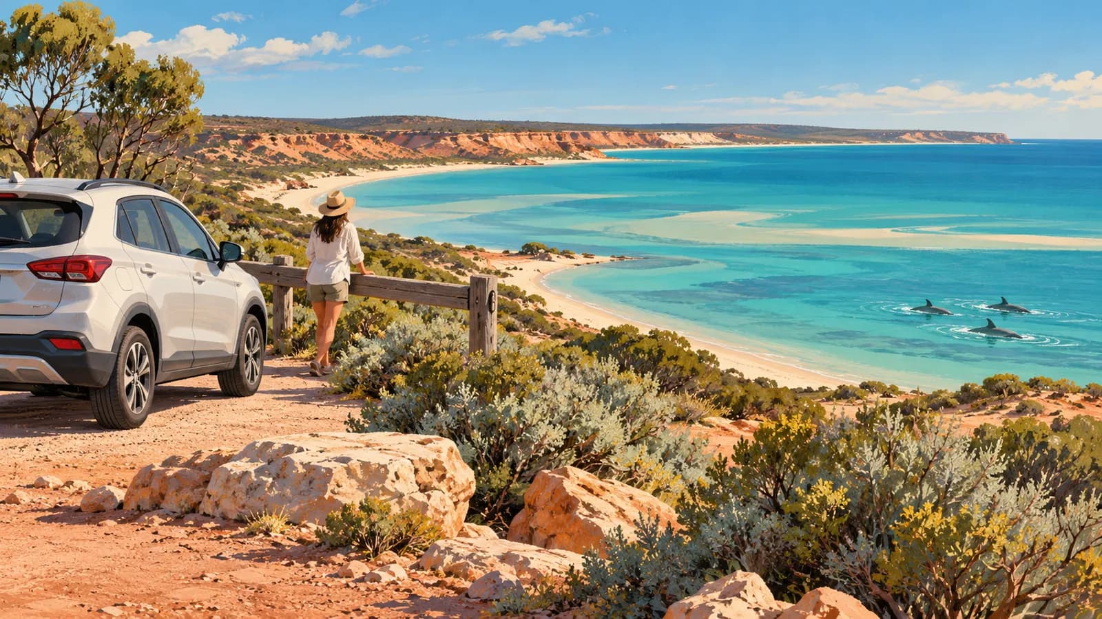 Perth to Monkey Mia drive illustration showing a parked car above a turquoise bay with dolphins near the shore.