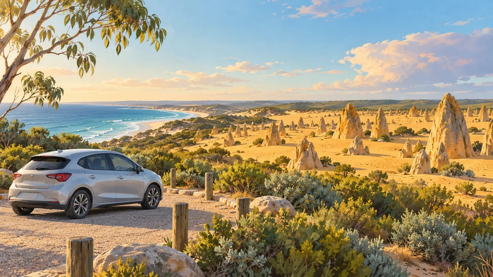 Perth to Pinnacles drive illustration showing a parked car beside golden limestone pillars, scrub and blue coastal water.