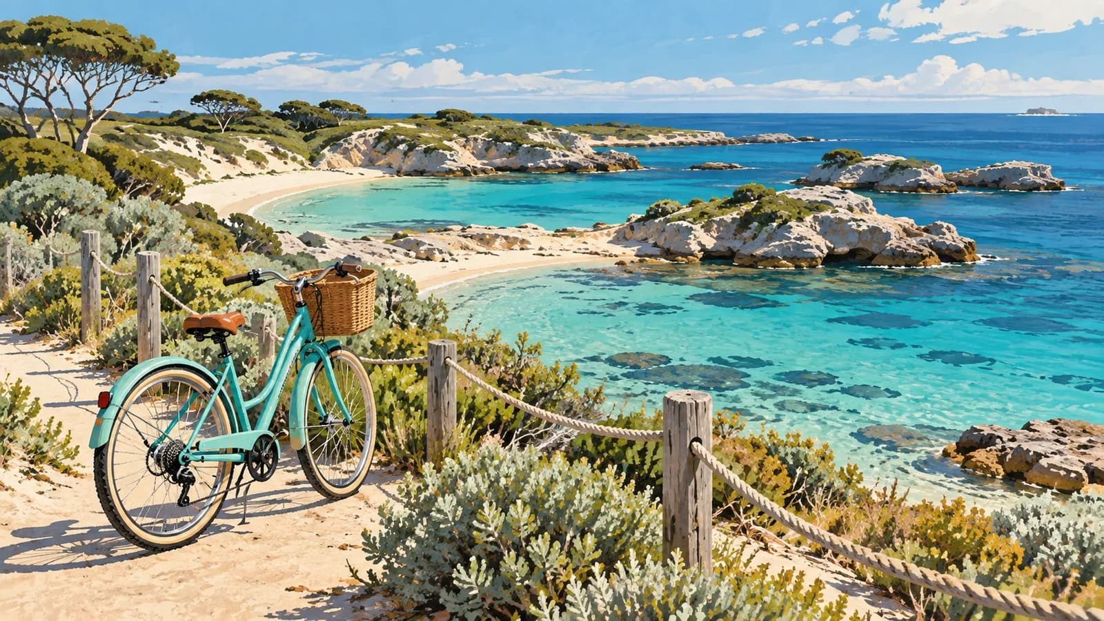 Rottnest Island without a car illustration showing a bicycle beside a clear turquoise bay, sandy shore and coastal scrub.
