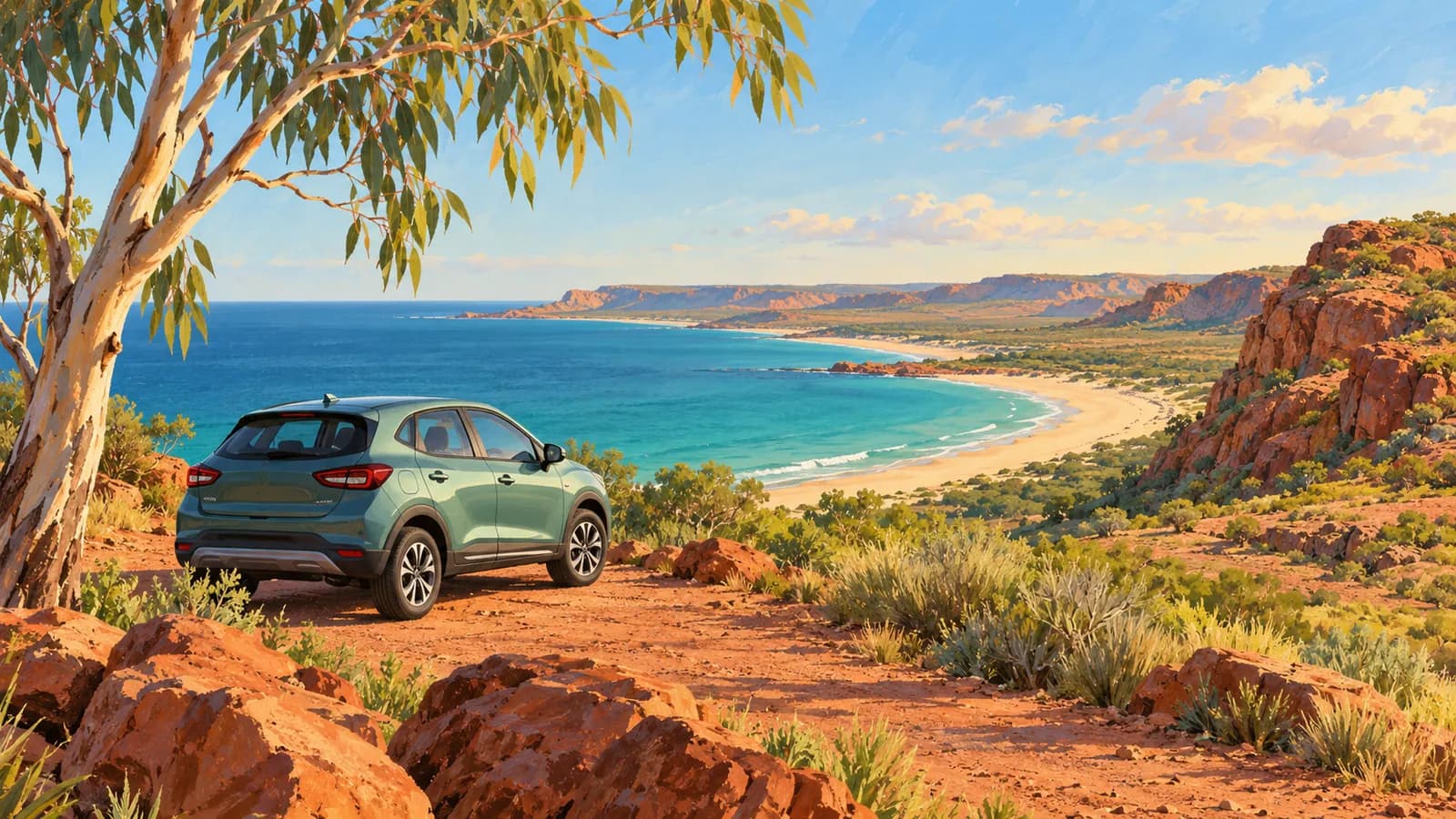 Car hire in Western Australia illustration showing a parked car beside a red coastal headland and blue water.