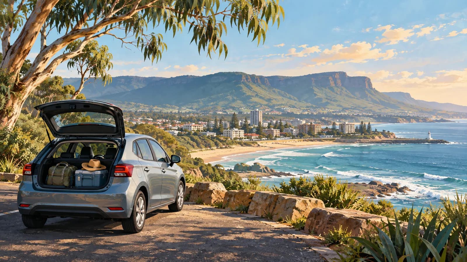 Car hire in Wollongong illustration showing a parked car above the coast, with a headland and city buildings.