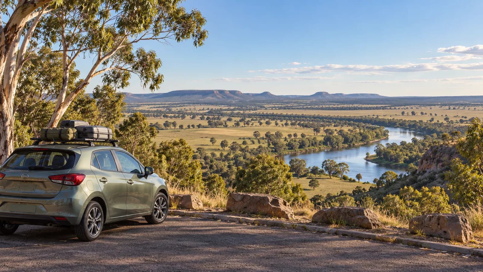 Dubbo Airport car hire illustration showing a compact car beside central New South Wales grassland and river gums.