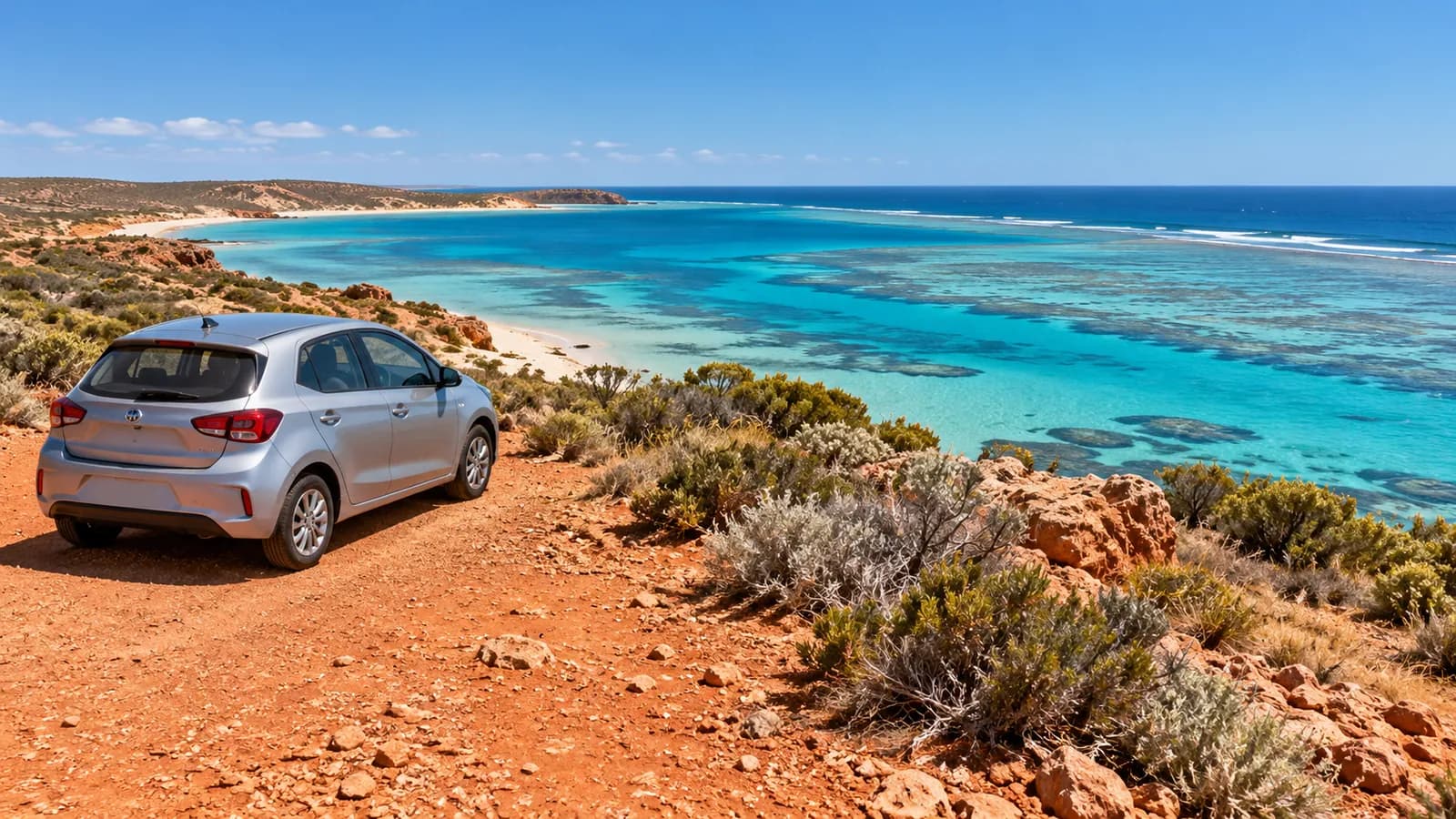 Exmouth car hire illustration showing a compact car above turquoise Ningaloo Coast shallows and red limestone.