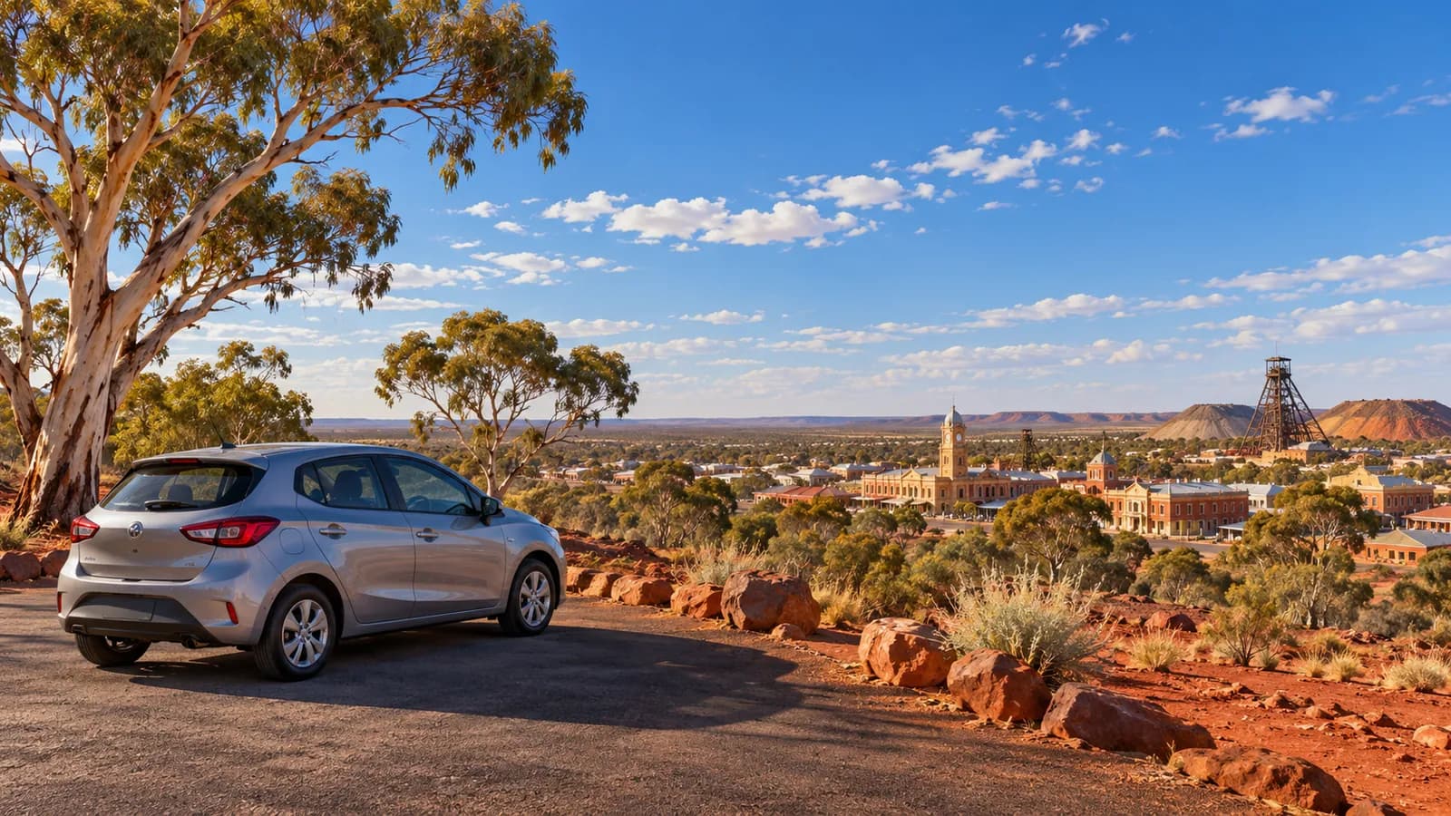 Kalgoorlie Airport car hire illustration showing a compact car beside red Goldfields earth and sparse gum trees.