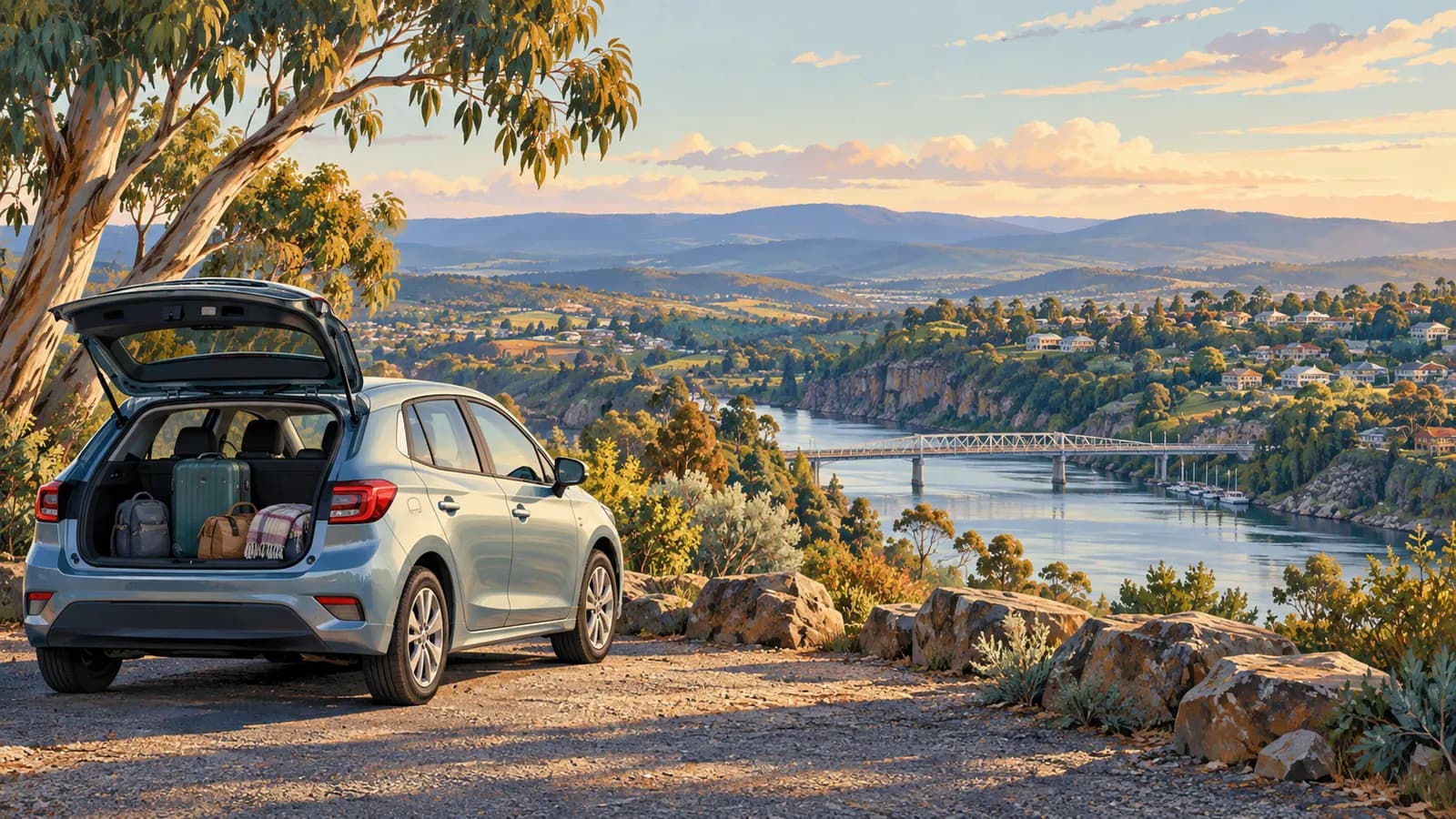 Launceston Airport car hire illustration showing a luggage-filled car parked above the Tamar River, bridge and surrounding hills.