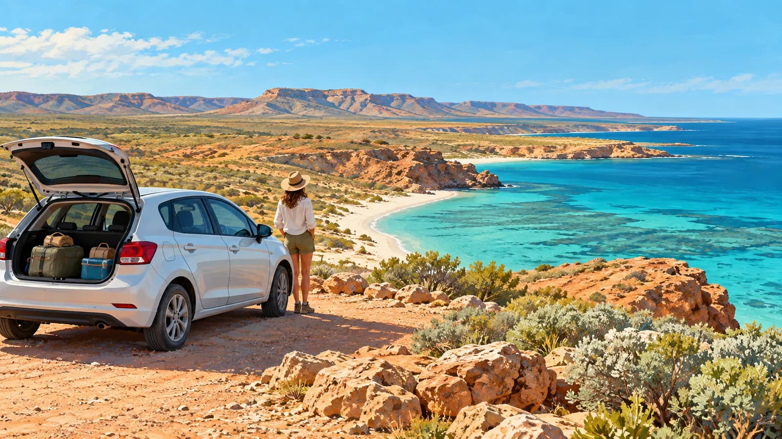 Learmonth Airport car hire illustration showing a parked car above a turquoise bay and red coastal rocks.