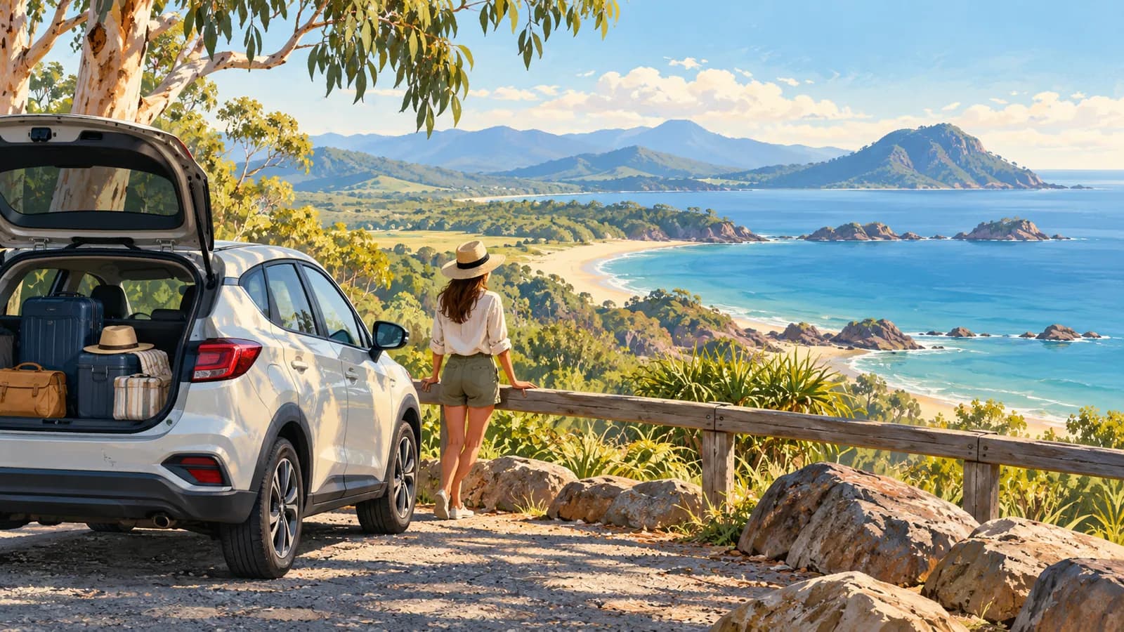 Mackay Airport car hire illustration showing a parked car with luggage and a traveller overlooking the coast.