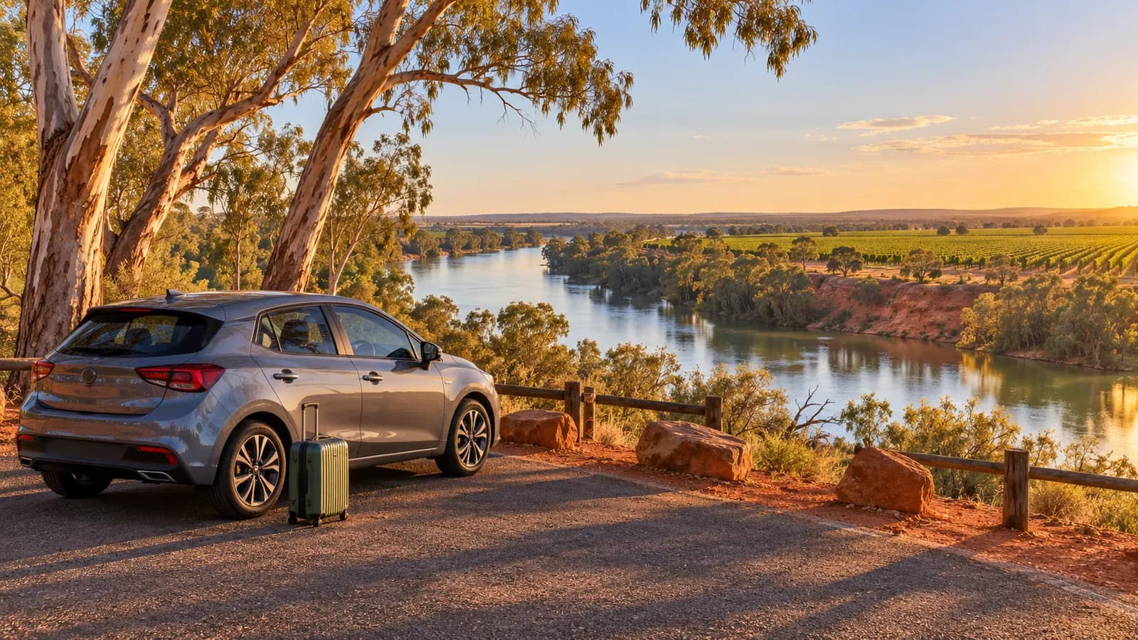 Mildura Airport car hire illustration showing a compact car above the Murray River with river gums and vineyards.