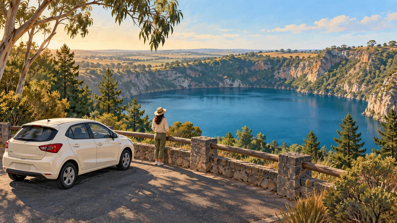 Mount Gambier illustration showing a cream parked car and traveller overlooking a blue crater lake edged by limestone and pine trees