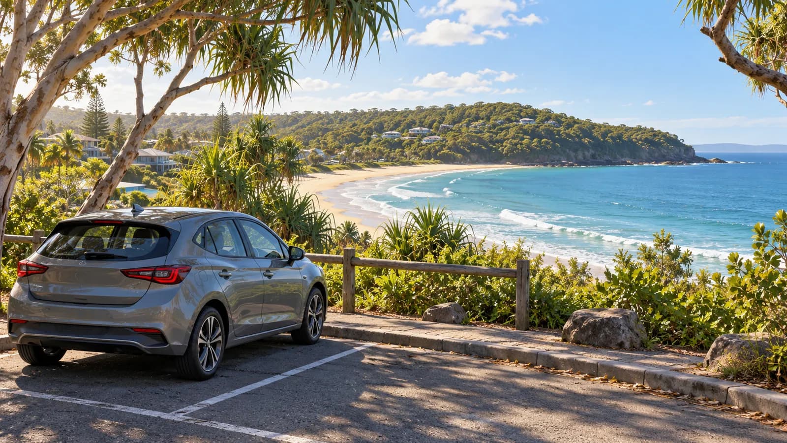 Noosa car hire illustration showing a compact car parked near the beach and a green coastal headland.