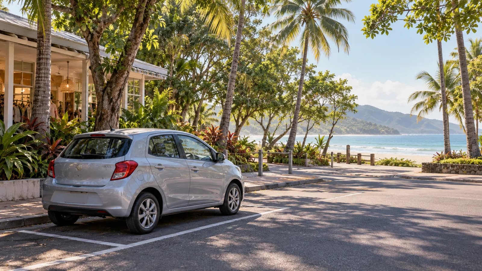 Port Douglas car hire illustration showing a compact car on a palm-lined street near Four Mile Beach.