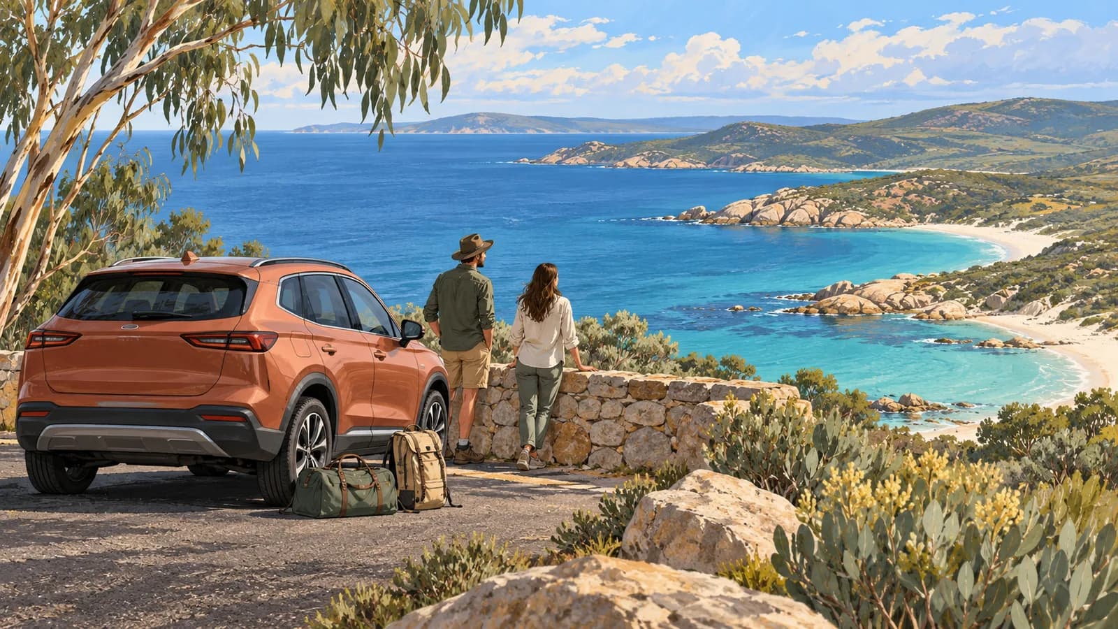 Eyre Peninsula illustration showing travellers beside a terracotta parked car overlooking a blue bay, pale granite shoreline and coastal scrub