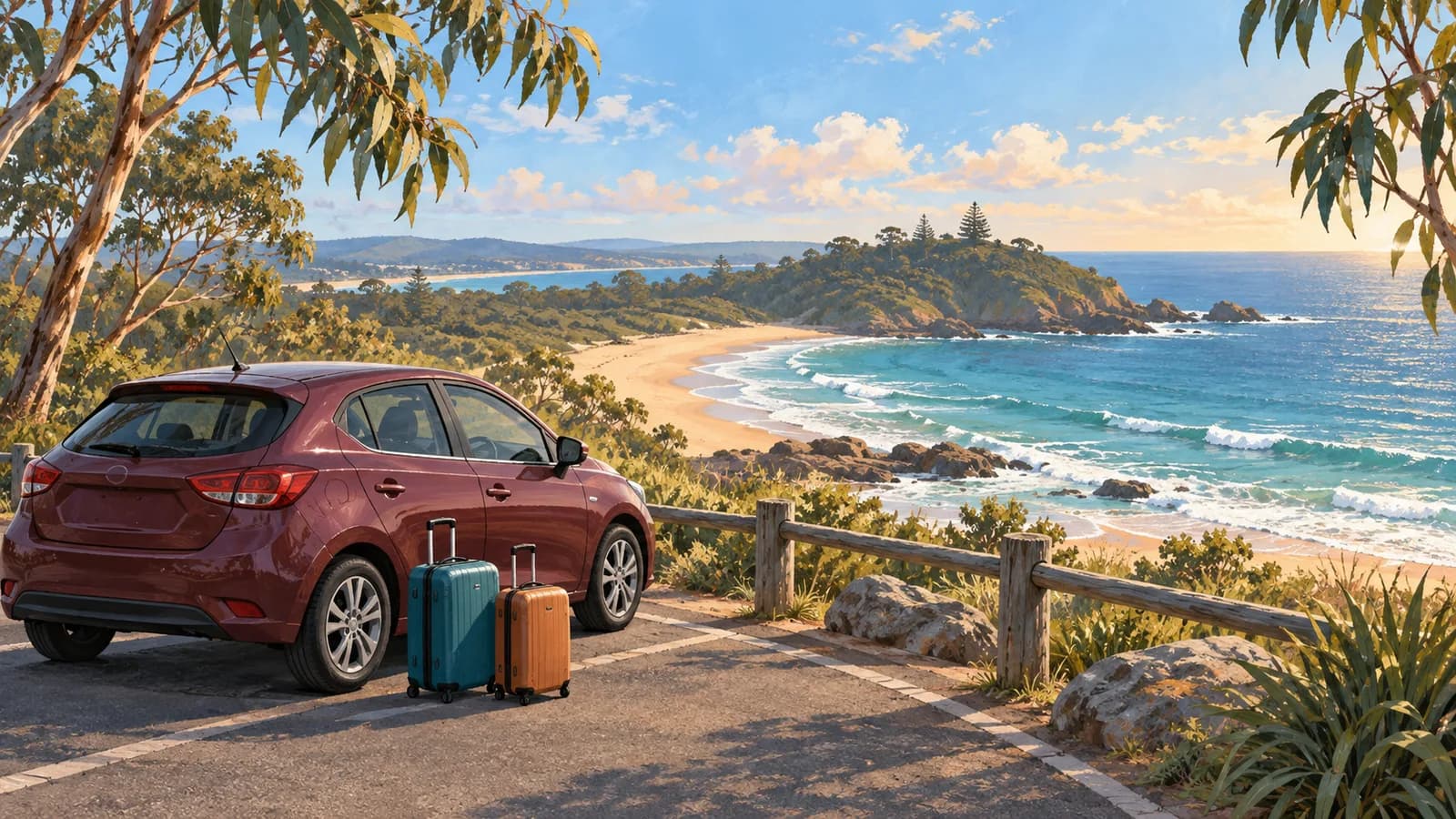 Port Macquarie coastal illustration showing a burgundy parked car and luggage overlooking a golden beach, turquoise surf and eucalyptus headland