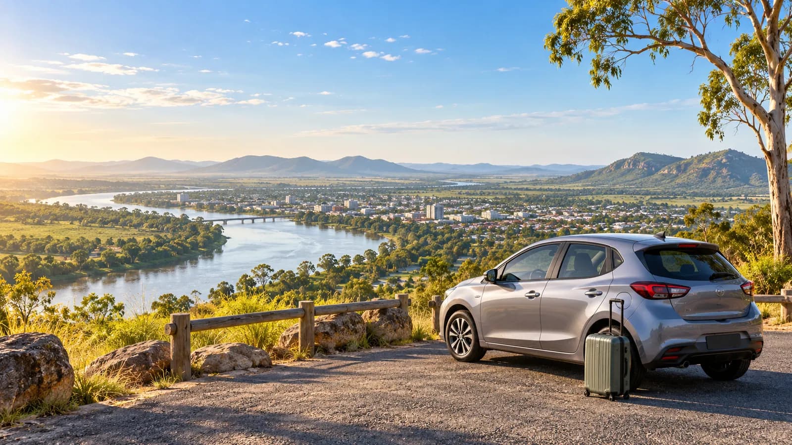Rockhampton Airport car hire illustration showing a compact car and luggage above the Fitzroy River in Central Queensland.