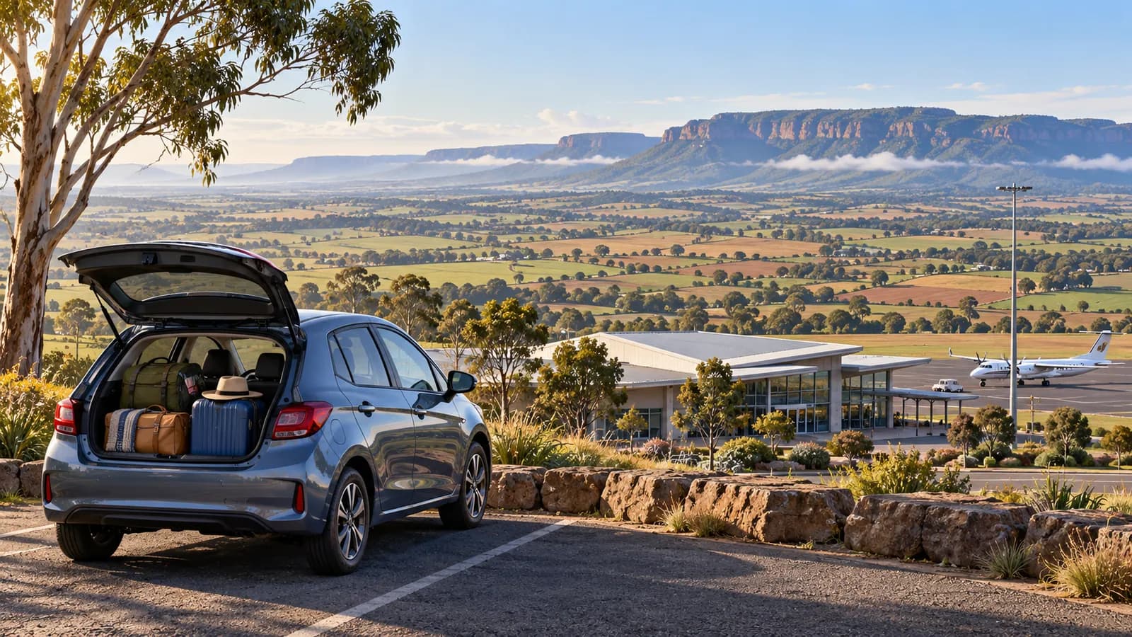 Toowoomba Wellcamp Airport car hire illustration showing a compact car beside Darling Downs fields.