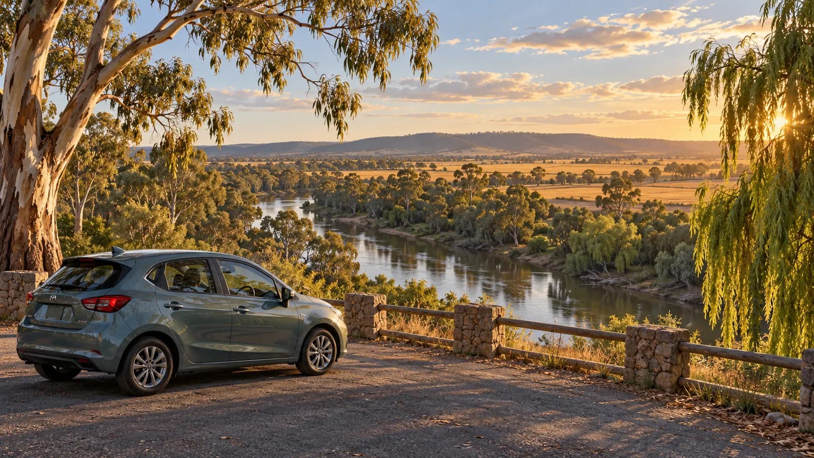Wagga Wagga Airport car hire illustration showing a parked car above the Murrumbidgee River and Riverina fields.