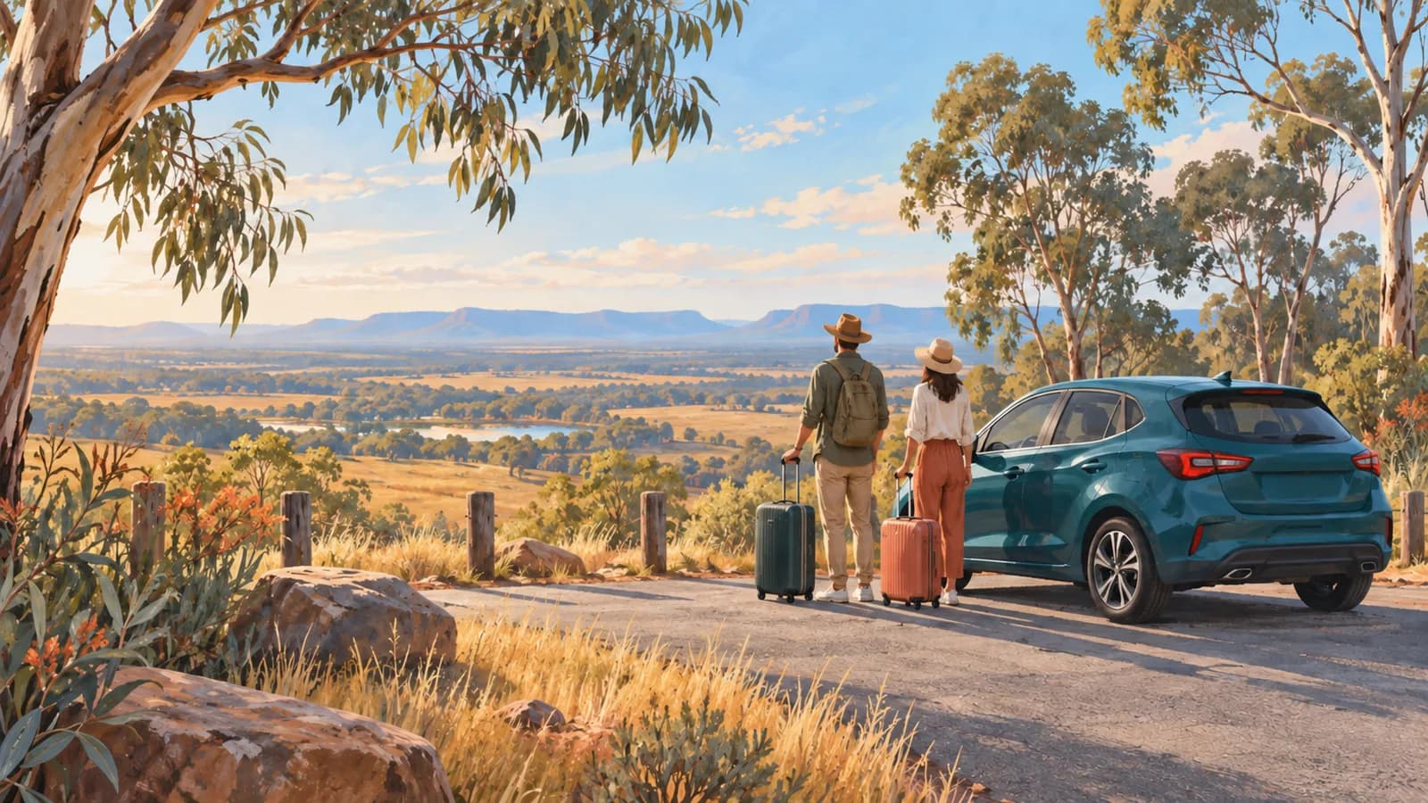 Conceptual Western Sydney travel illustration showing travellers with luggage beside a teal car overlooking the eucalyptus Cumberland Plain