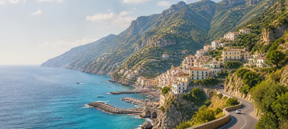 A Mediterranean coastal road curving between cliffs and sea