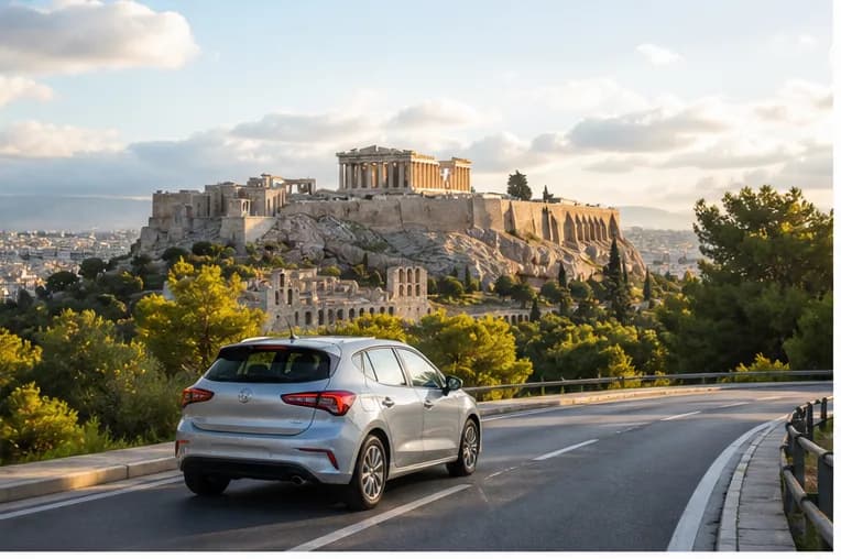 A rental car on a sunlit road leaving Athens towards the Attic hills