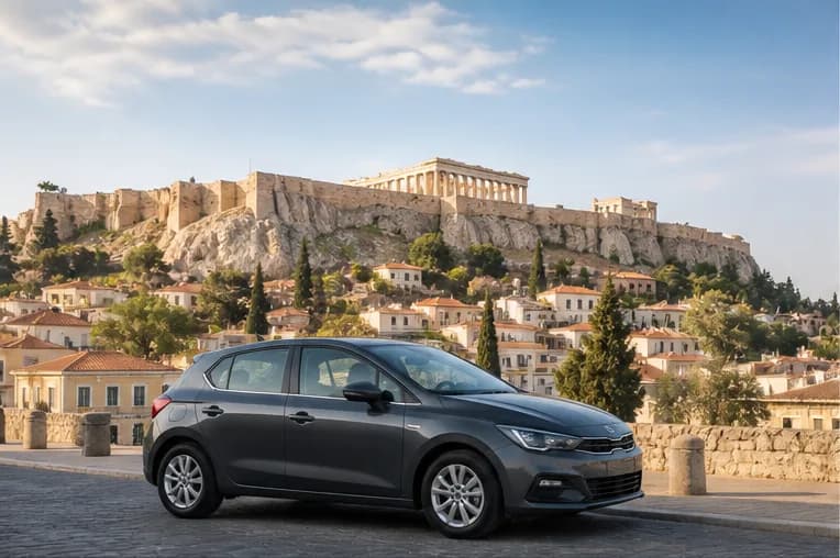 A compact rental car on a bright Athens street with ancient-city hills beyond