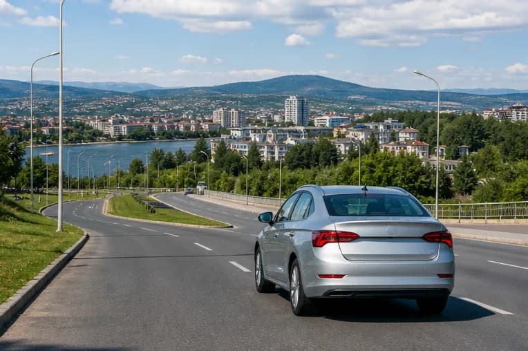 A rental car on a green riverside road in northern Bosnia near Banja Luka