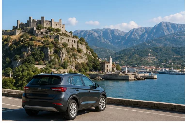 A rental car beside a harbour road near Bar on Montenegro's southern coast