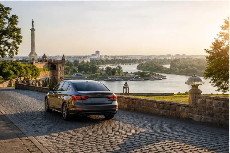 A compact rental car on a bright Belgrade boulevard with the city skyline beyond