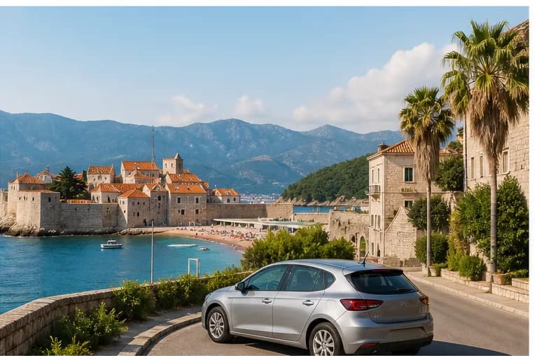 A rental car on a sunlit coastal road above Budva and the Adriatic Sea