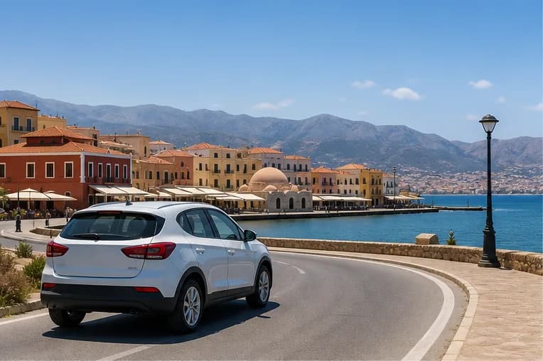 A rental car on a winding road through the sunlit landscapes near Chania