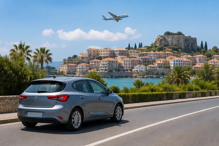 A small rental car on a leafy island road near Corfu with Ionian blue water beyond