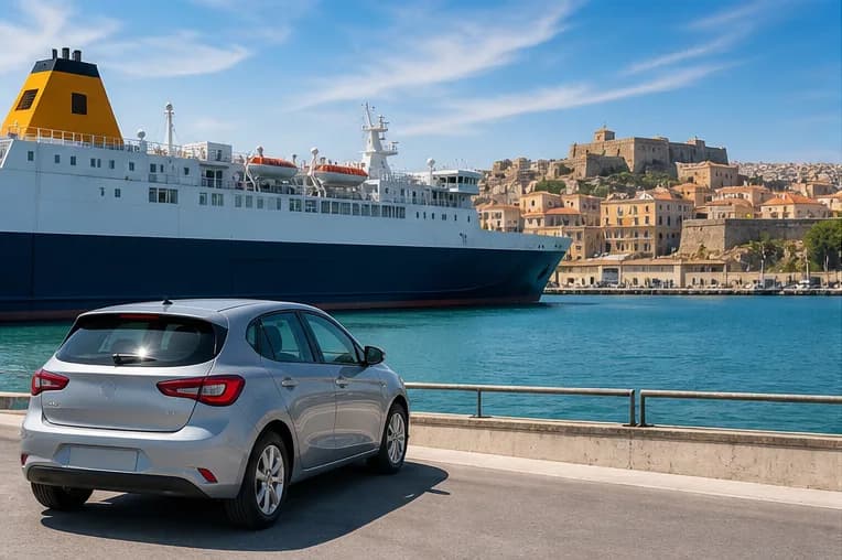 A rental car near Corfu port on a bright road through olive trees