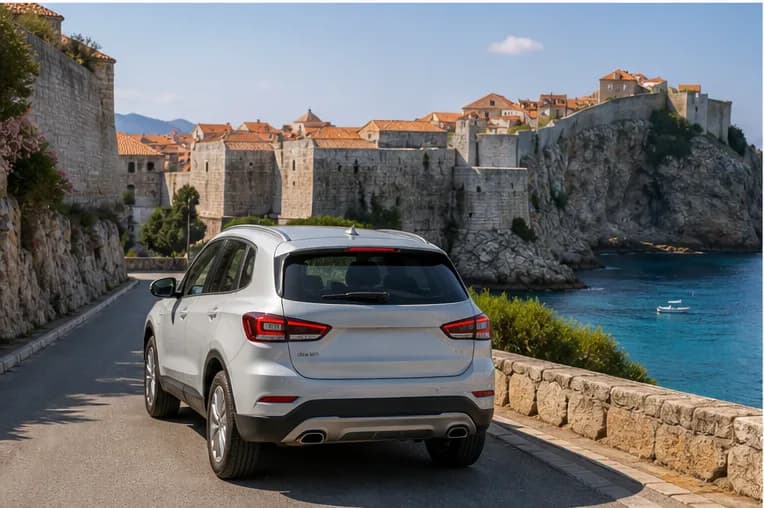 A compact rental car on a stone-lined road above Dubrovnik's blue coast