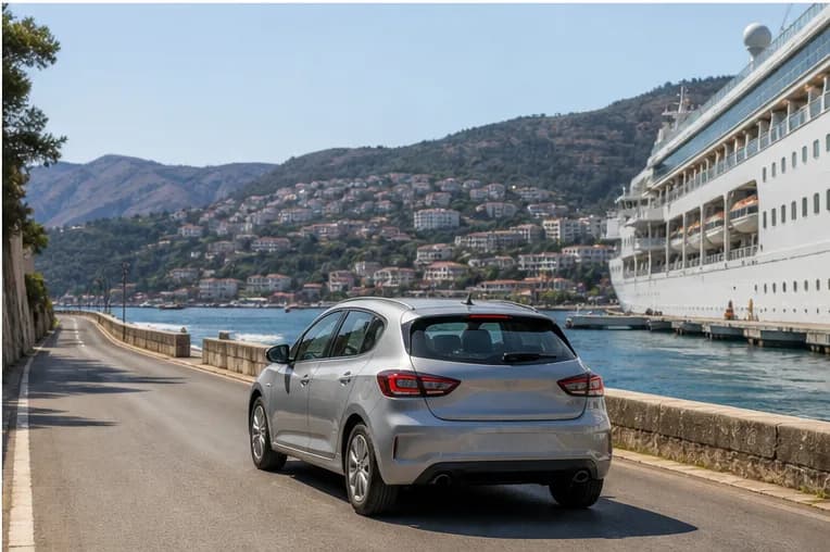 A rental car beside a southern Adriatic harbour road near Dubrovnik