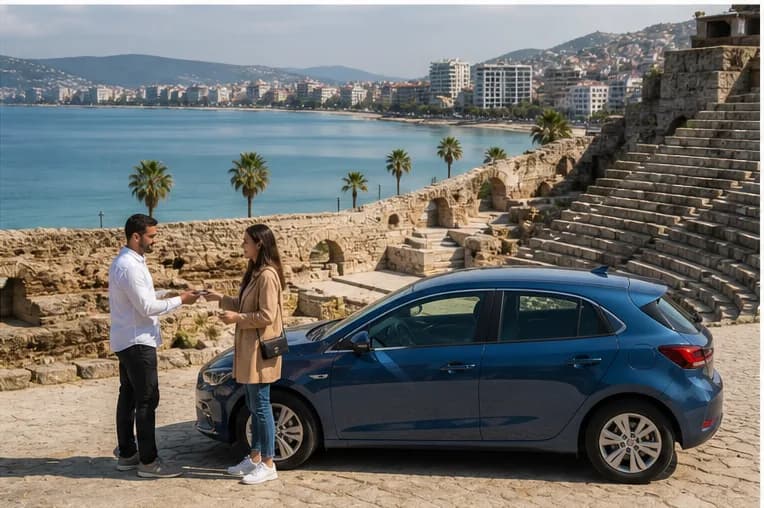 A rental car on a palm-lined road beside the Adriatic near Durres