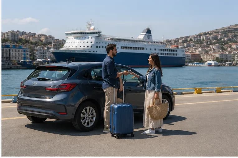A rental car near Durres port with the Albanian coast opening ahead