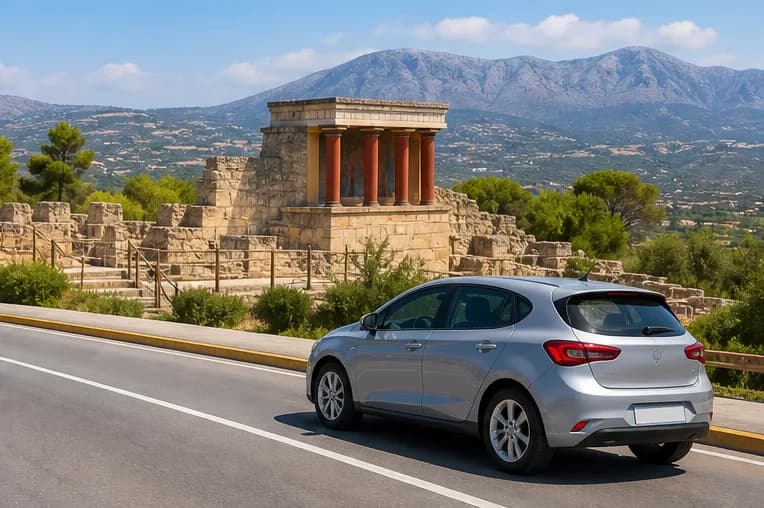 A rental car on a sunny Cretan road leaving Heraklion towards the coast