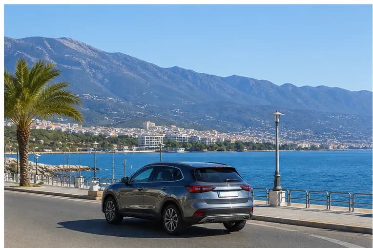 A rental car on a quiet road through olive groves near Kalamata