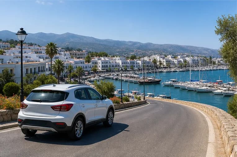 A bright coastal road and blue sea on a Greek island